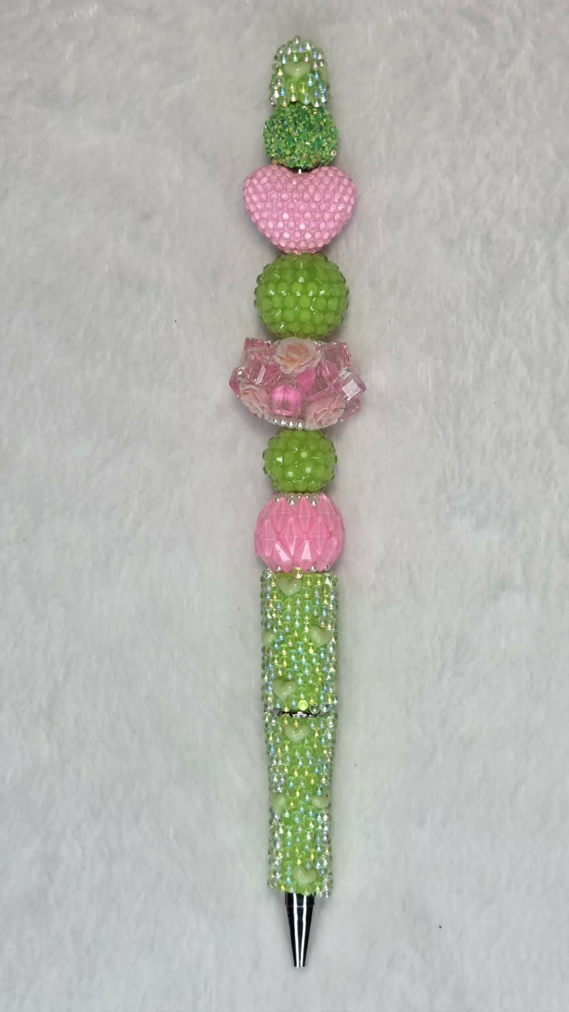 Pink and Green Glow Beadable Pen with floral focal, pink heart bead and neon green crystal barrel
