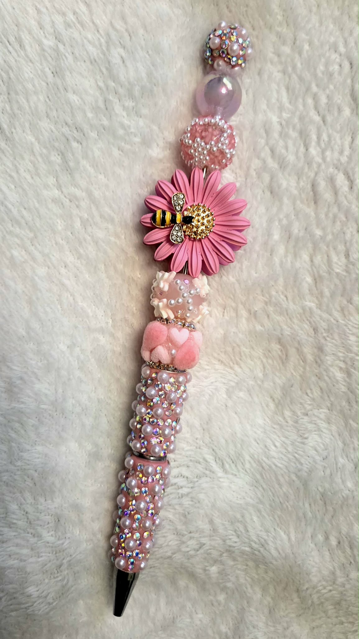 Pink Daisy & Bee Beadable Pen – Handmade Floral Beaded Pen