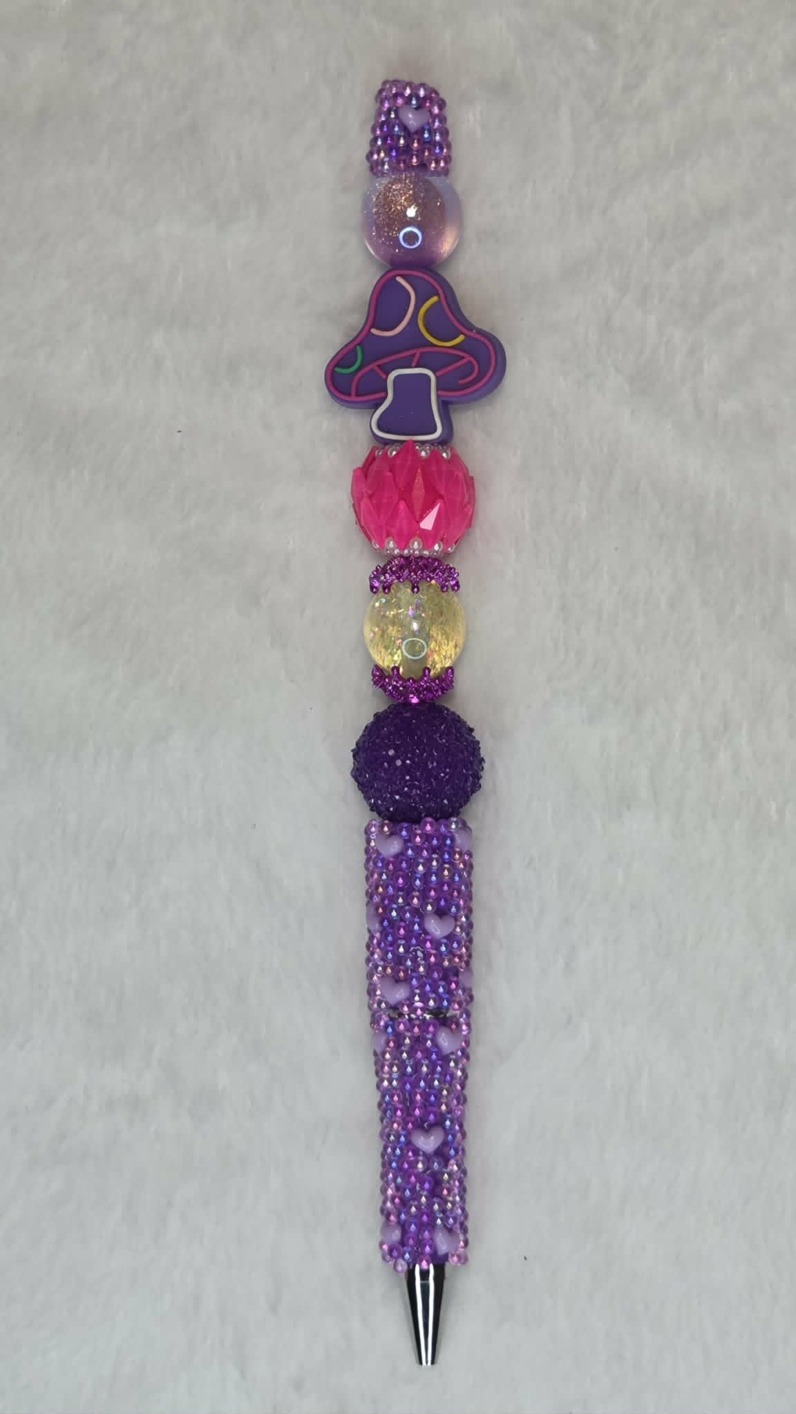 Electric Pink Mushroom Beadable Pen with purple mushroom focal and purple heart-print barrel