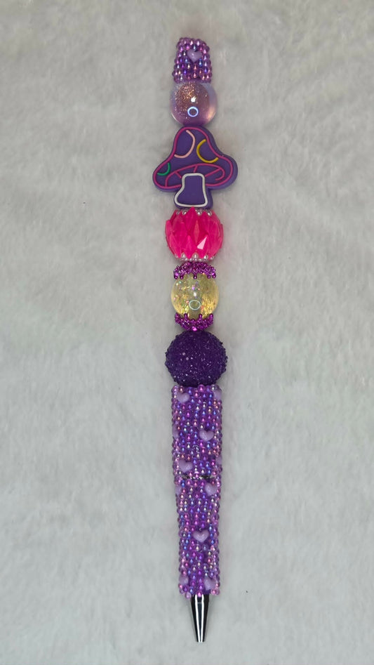 Electric Pink Mushroom Beadable Pen with purple mushroom focal and purple heart-print barrel