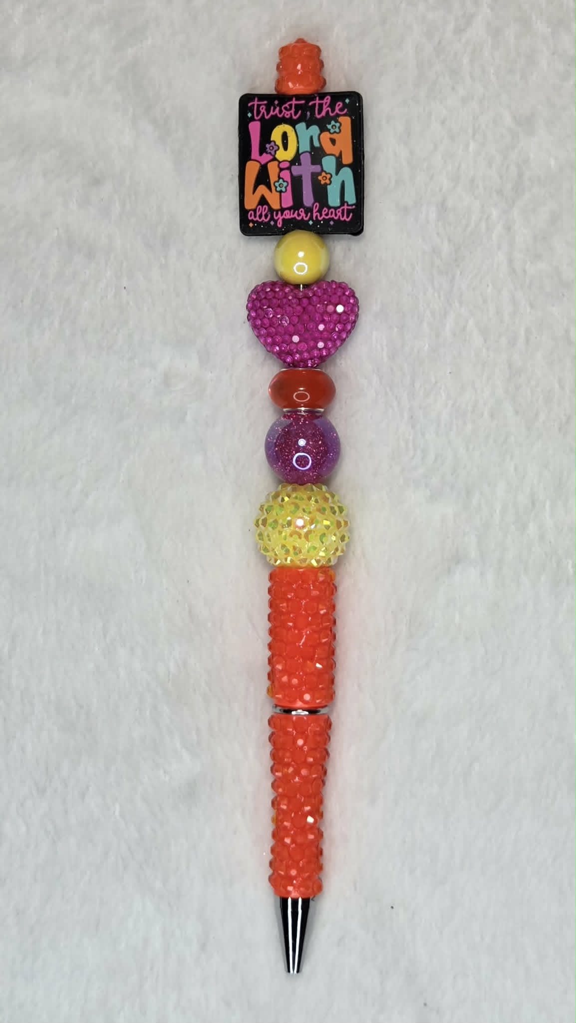 Hot Pink Heart Beadable Pen with Trust the Lord focal bead and neon orange barrel