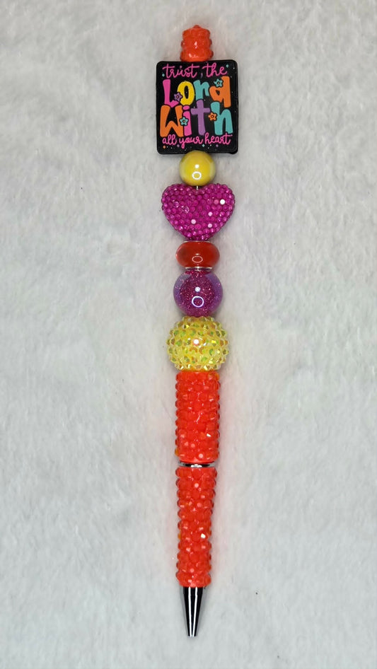 Hot Pink Heart Beadable Pen with Trust the Lord focal bead and neon orange barrel