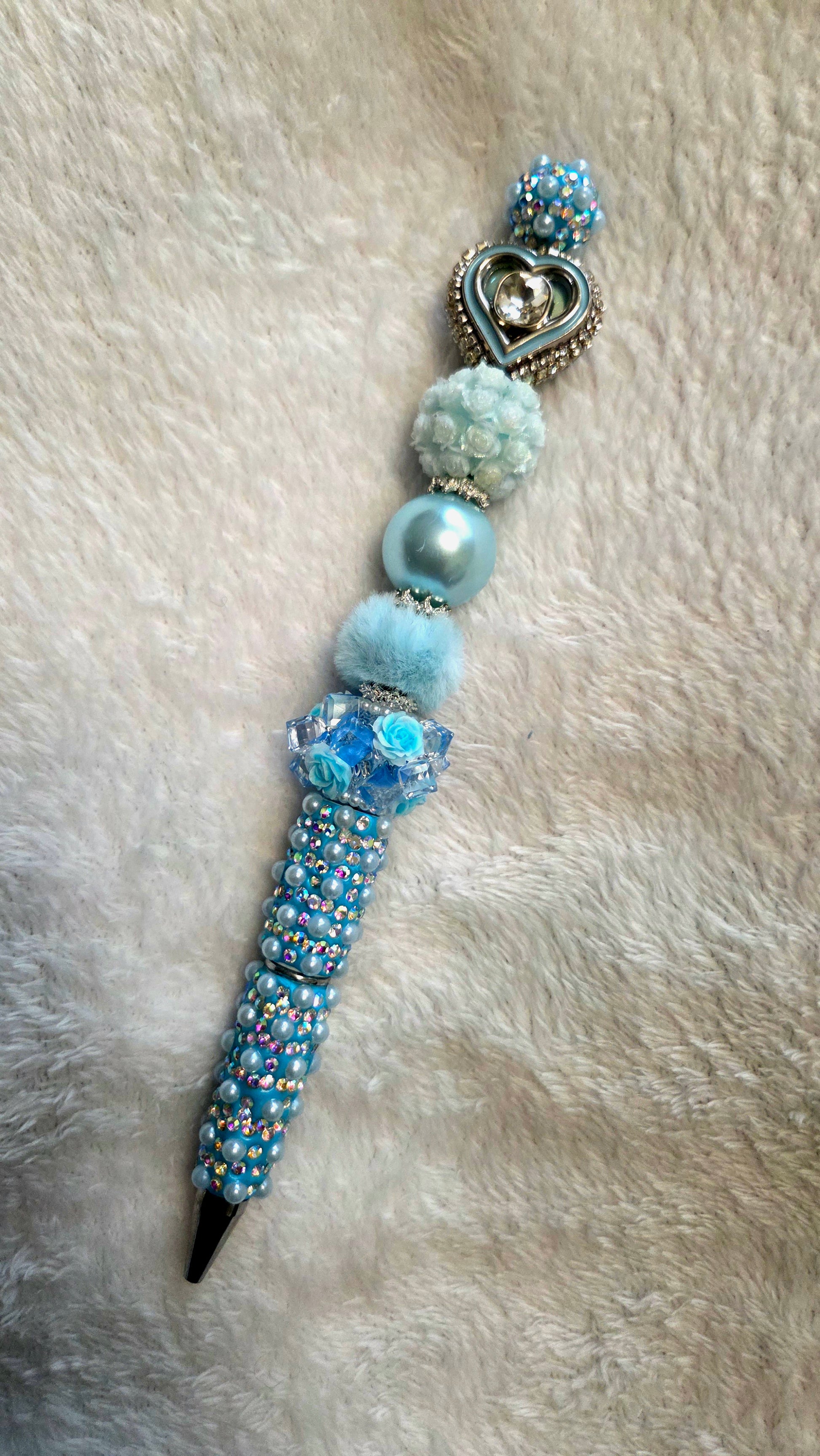 Blue Rhinestone Heart Beadable Pen – handmade baby blue beaded pen with silver heart focal