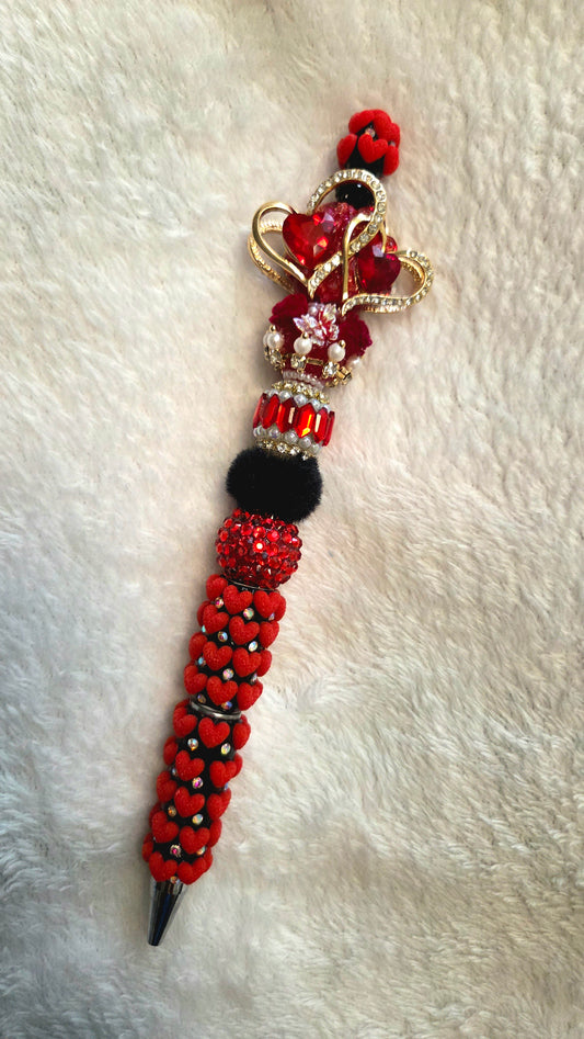 Queen of Hearts Beaded Pen — handcrafted with gold crown focal, red heart gemstone, rhinestones, black fur bead, and red heart bead barrel