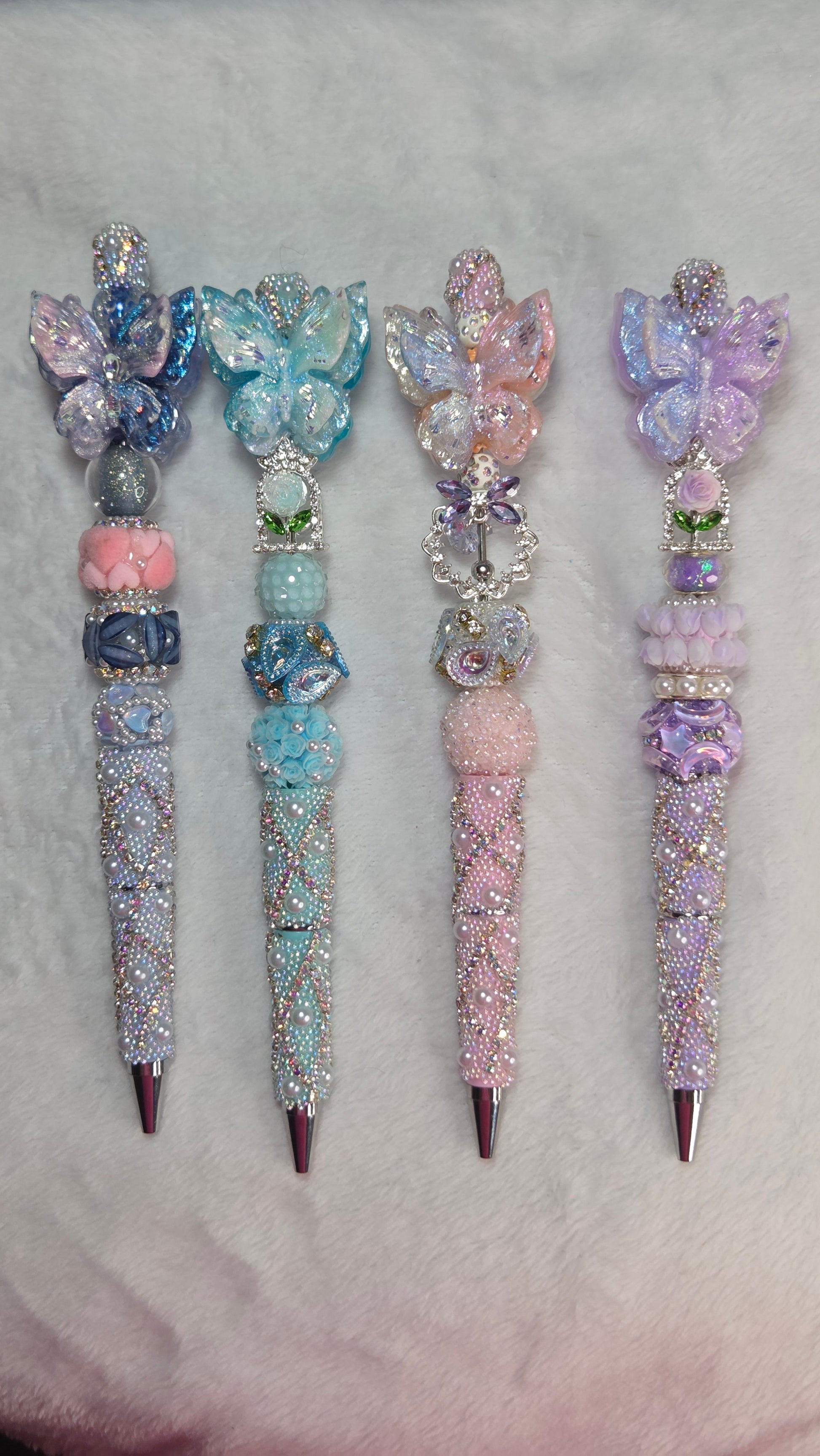 Mystical Opal Beaded Butterfly Pens in four colorways: Pastel Pink, Misty Blue, Baby Bluetiful, and Soft Lavender