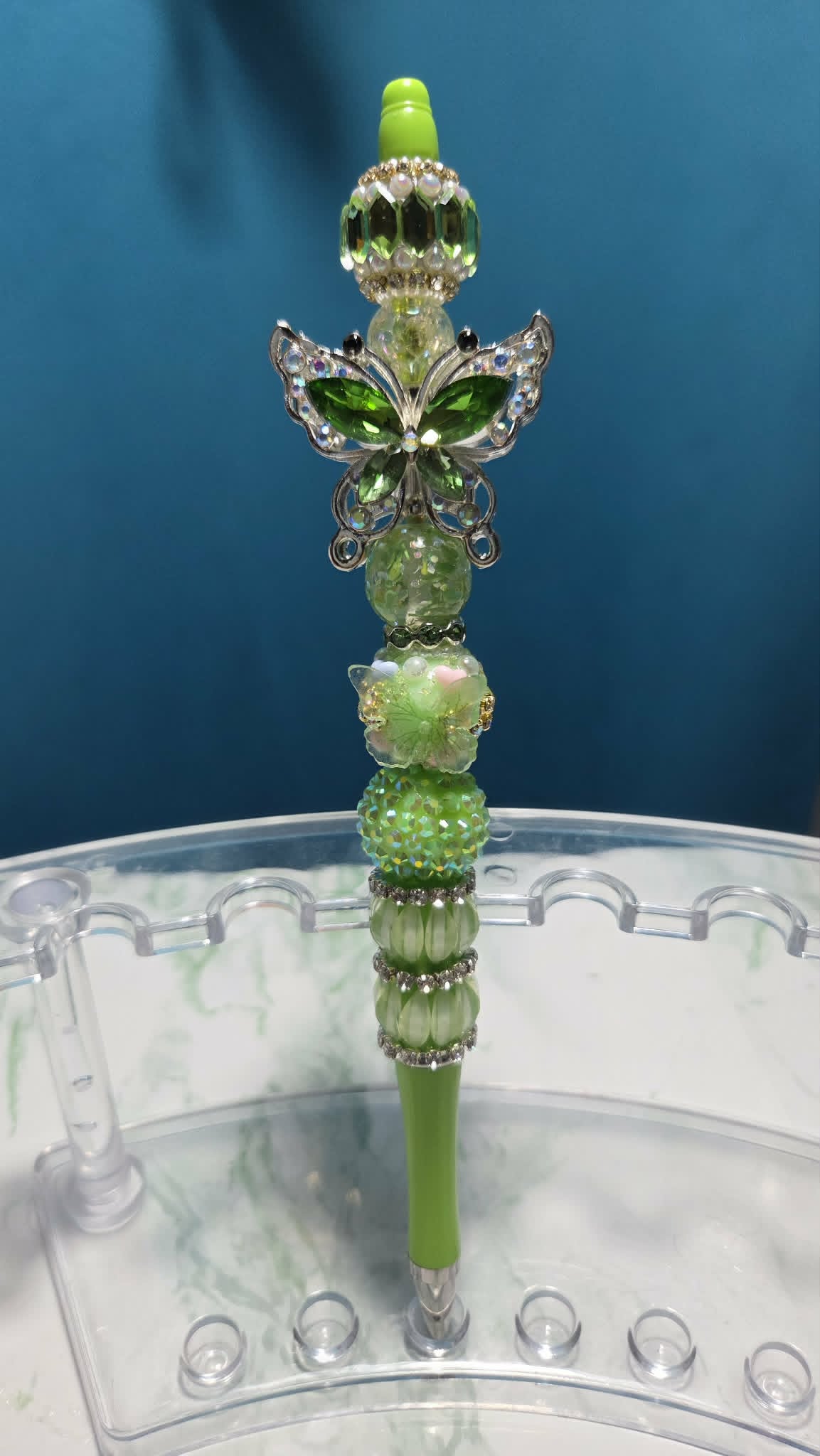 Butterfly Folly Green Beadable Pen with emerald crystal butterfly charm and layered green beads