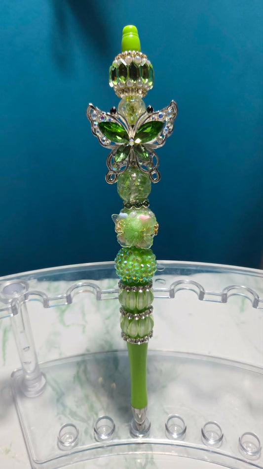 Butterfly Folly Green Beadable Pen with emerald crystal butterfly charm and layered green beads
