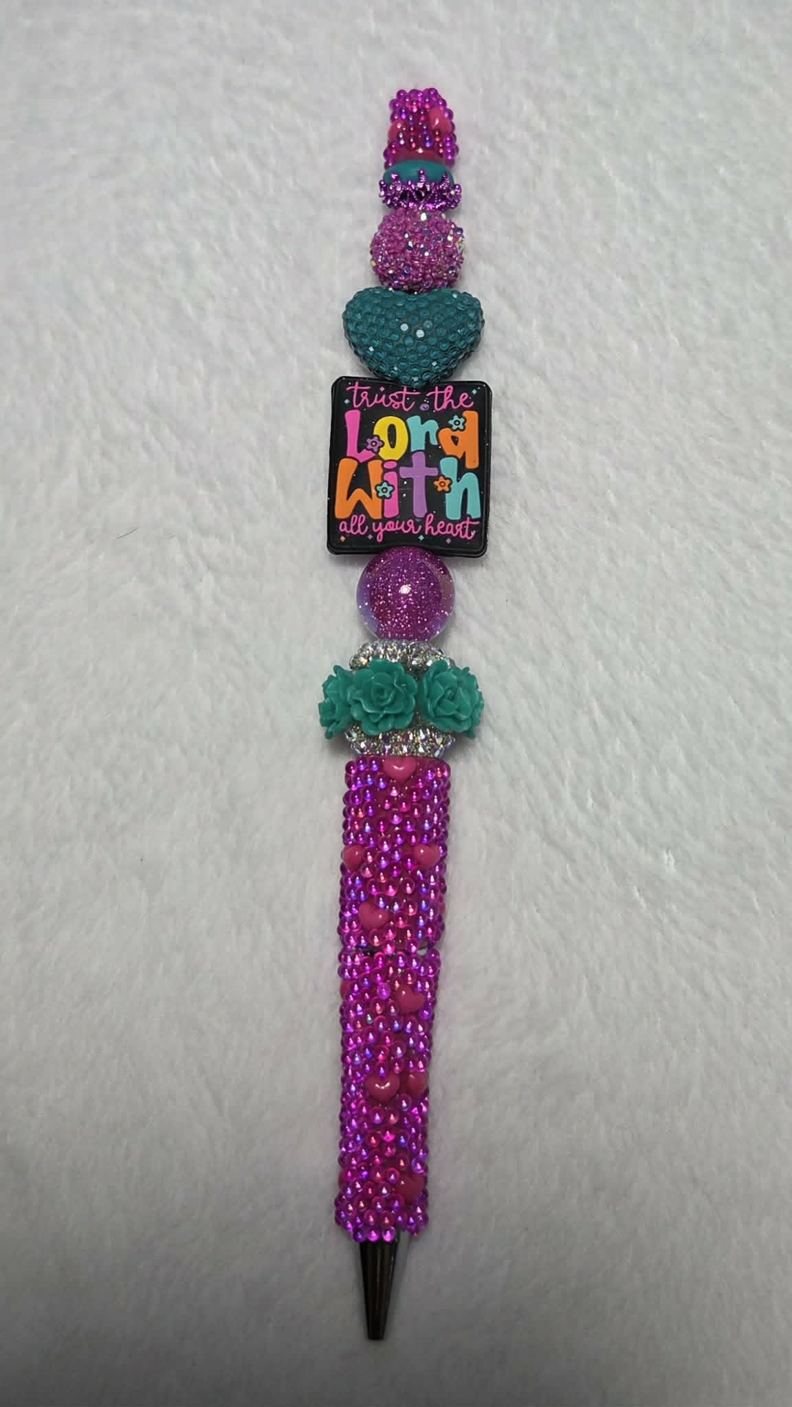 Cool Teal Heart Faith Beadable Pen with Trust the Lord focal, teal heart bead and purple rhinestone barrel