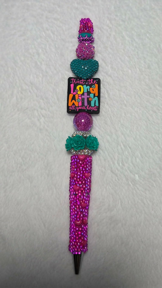 Cool Teal Heart Faith Beadable Pen with Trust the Lord focal, teal heart bead and purple rhinestone barrel