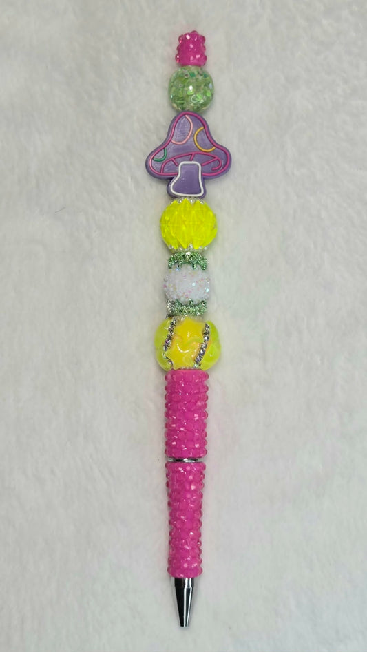 Electric Yellow Mushroom Beadable Pen – Handmade Neon Beaded Pen