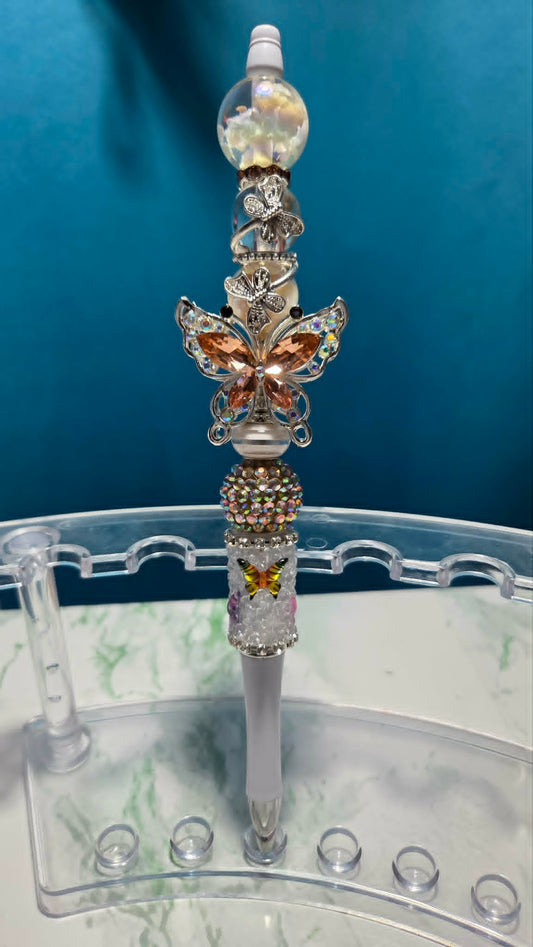 Butterfly Folly White Beadable Pen with peach crystal butterfly charm and silver accent beads