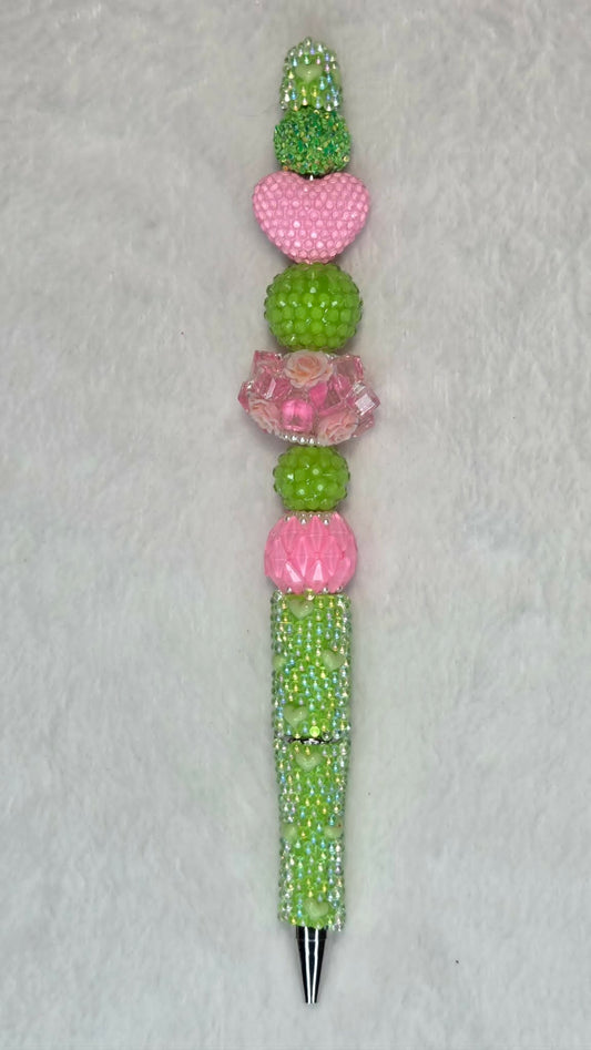 Pink and Green Glow Beadable Pen with floral focal, pink heart bead and neon green crystal barrel