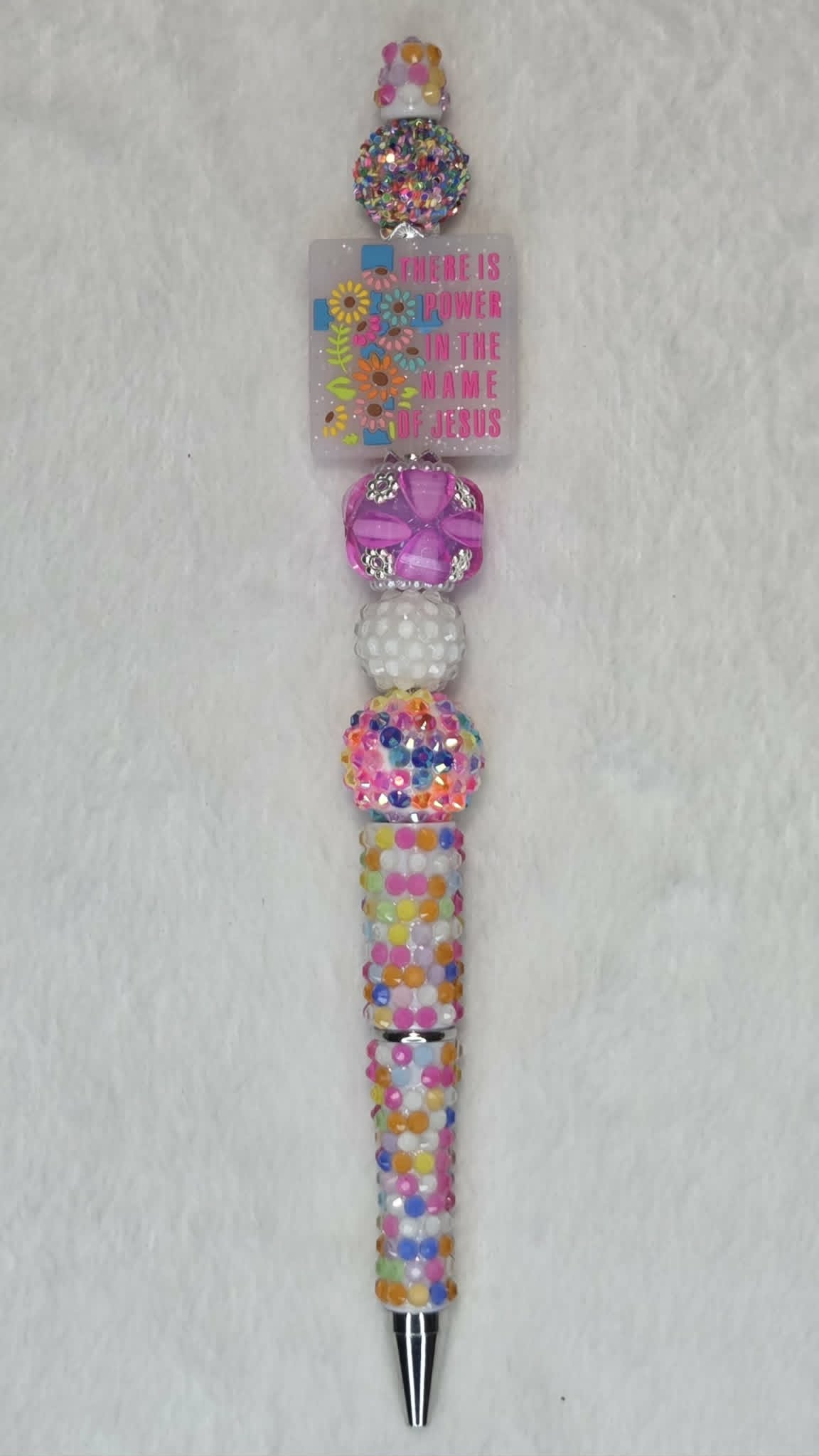 Explosive Pink Faith Beadable Pen with There is Power in the Name of Jesus focal and confetti barrel