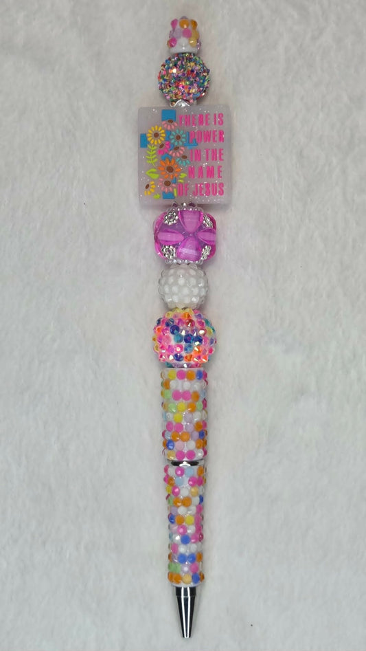 Explosive Pink Faith Beadable Pen with There is Power in the Name of Jesus focal and confetti barrel