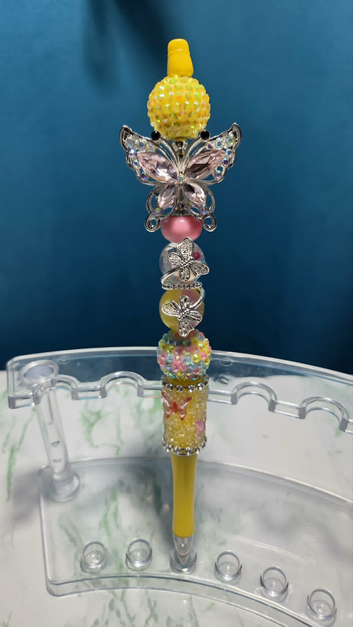 Butterfly Folly Yellow Beadable Pen with champagne crystal butterfly charm and colorful accent beads