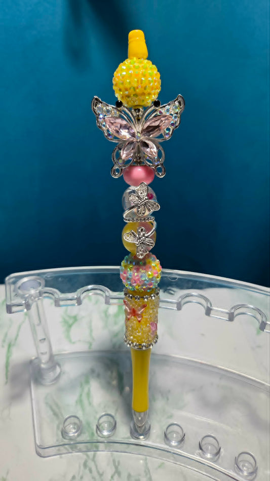 Butterfly Folly Yellow Beadable Pen with champagne crystal butterfly charm and colorful accent beads