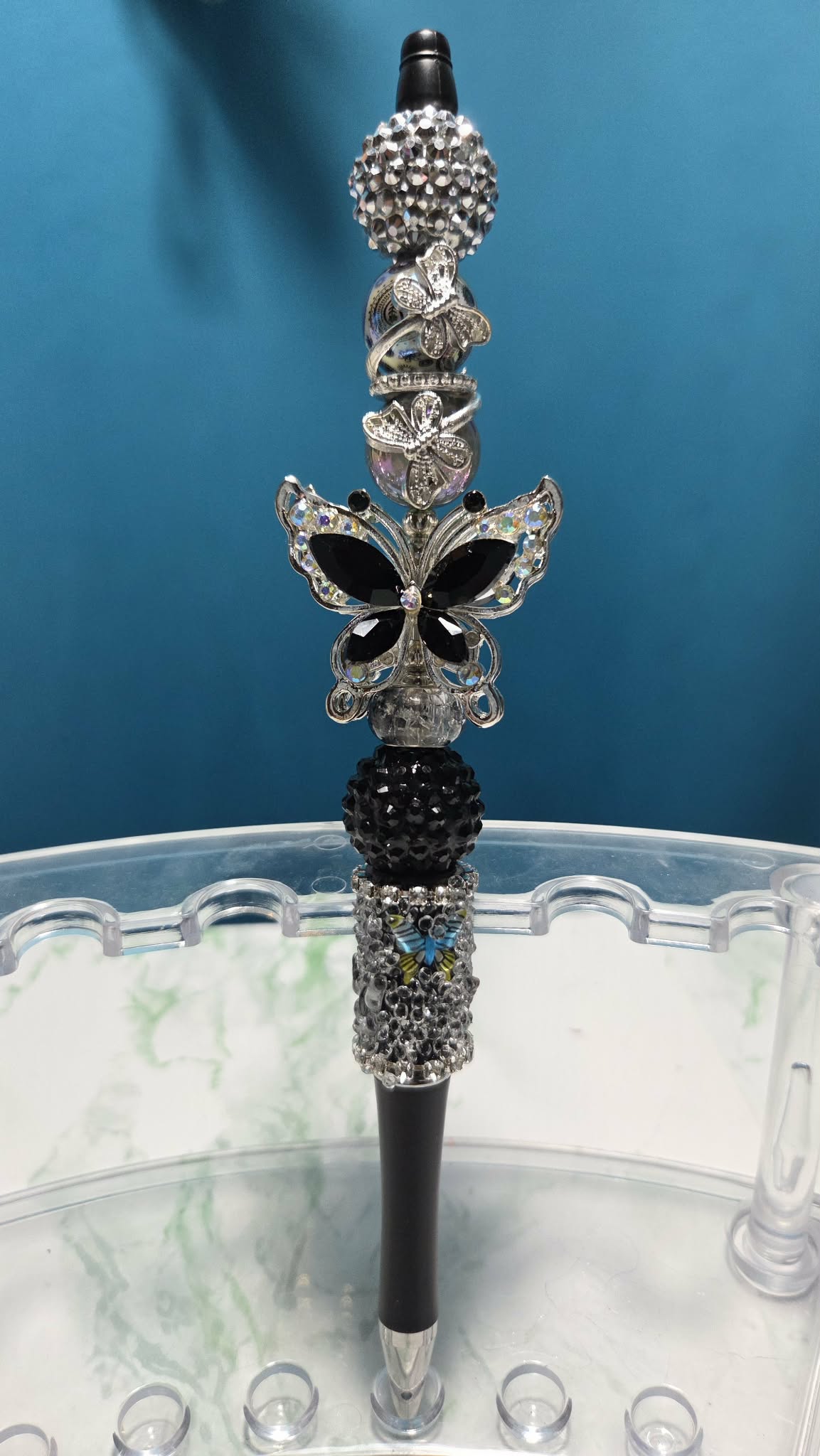Butterfly Folly Black Beadable Pen with jet black crystal butterfly charm and silver accent beads