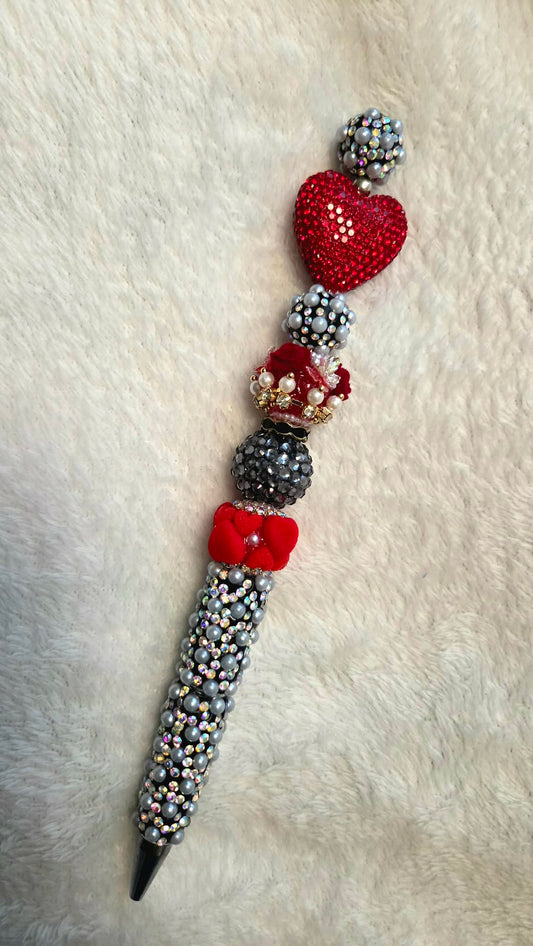 Red Rhinestone Heart Beadable Pen – Handmade Floral Beaded Pen