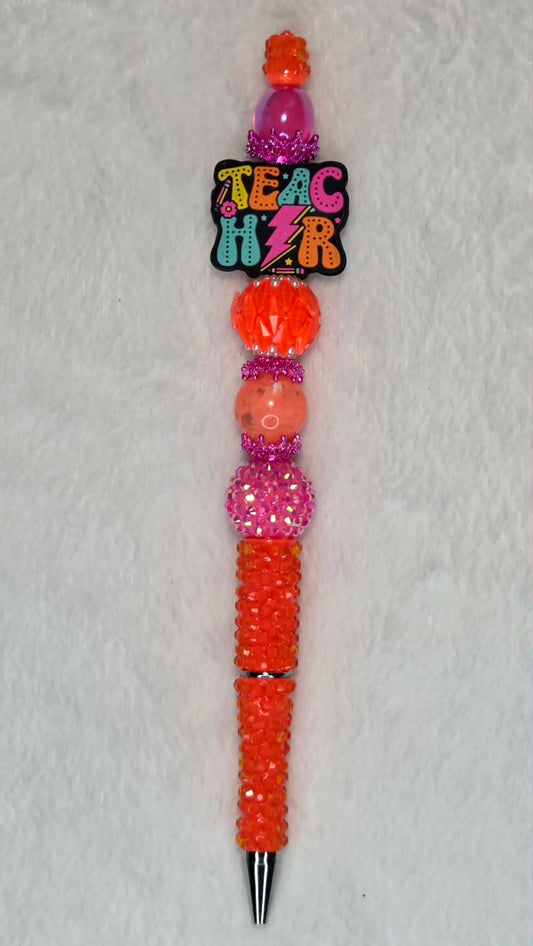 Hot Orange Teacher Beadable Pen with TeacHER lightning bolt focal and neon orange rhinestone barrel