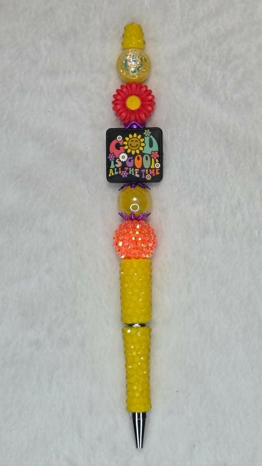 Orange Glow Faith Beadable Pen with God is Good All the Time focal and neon yellow barrel
