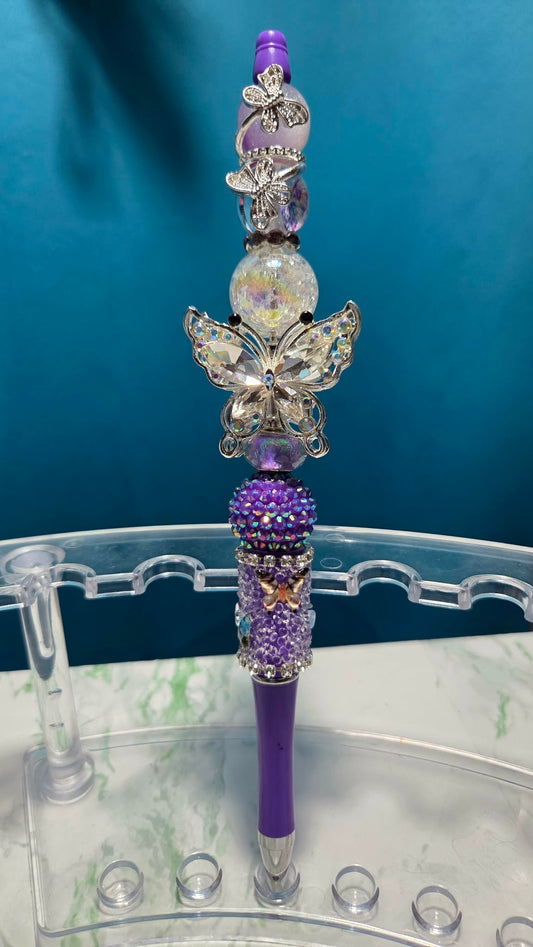 Butterfly Folly Purple Beadable Pen with iridescent crystal butterfly charm and purple rhinestone beads