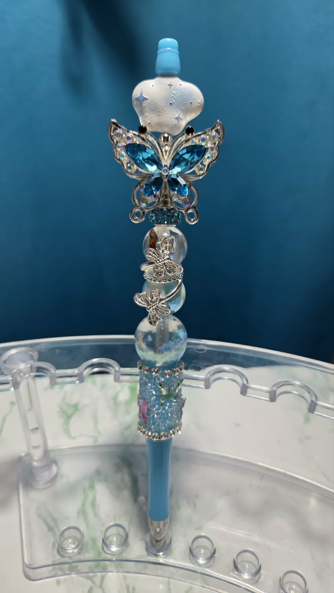 Butterfly Folly Blue Beadable Pen with crystal butterfly charm and silver accent beads