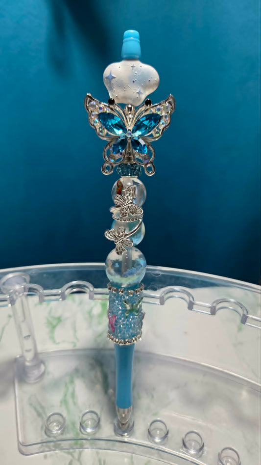 Butterfly Folly Blue Beadable Pen with crystal butterfly charm and silver accent beads