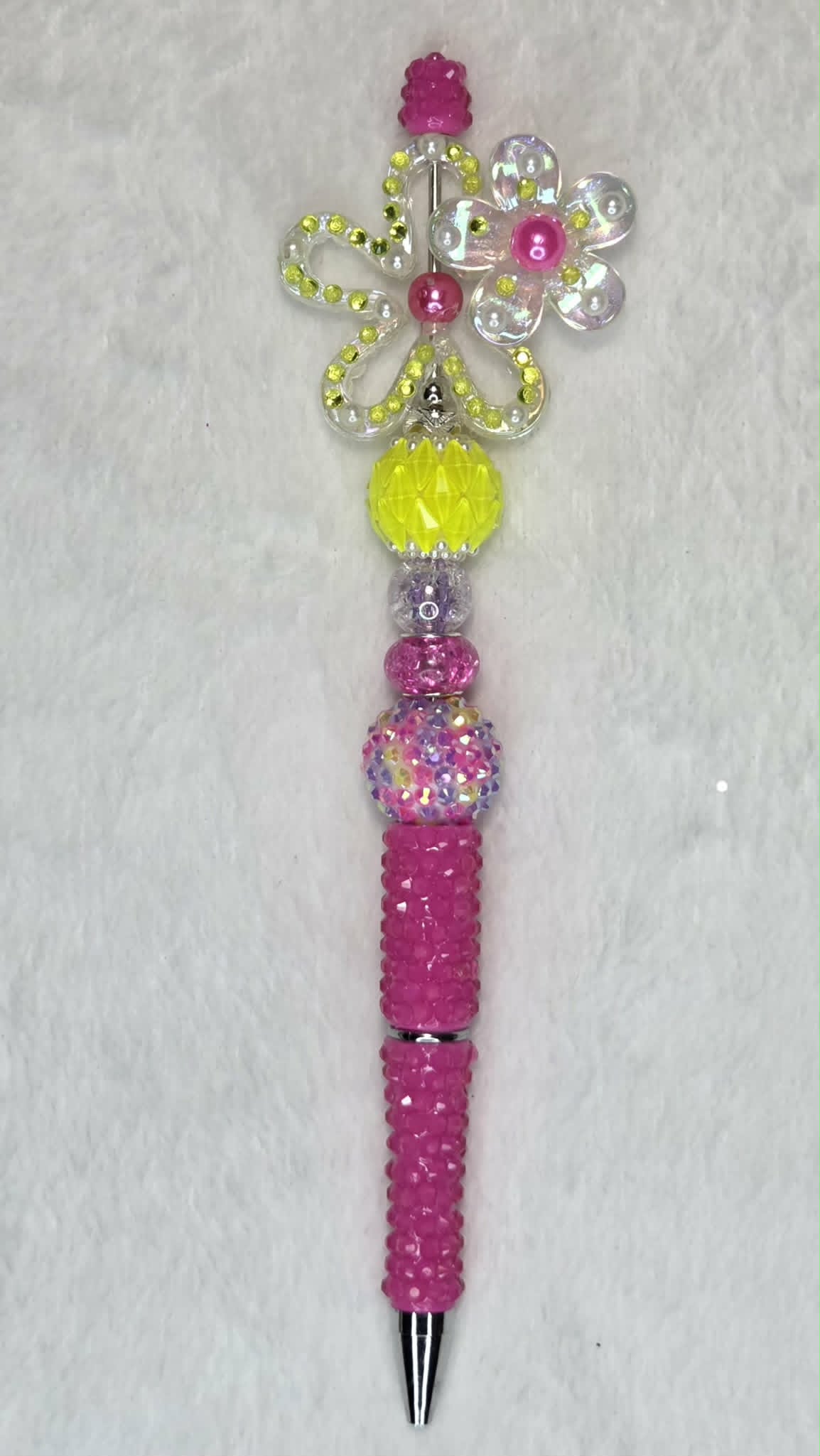 Shocking Bright Flower Beadable Pen with neon yellow rhinestone bow focal and hot pink barrel