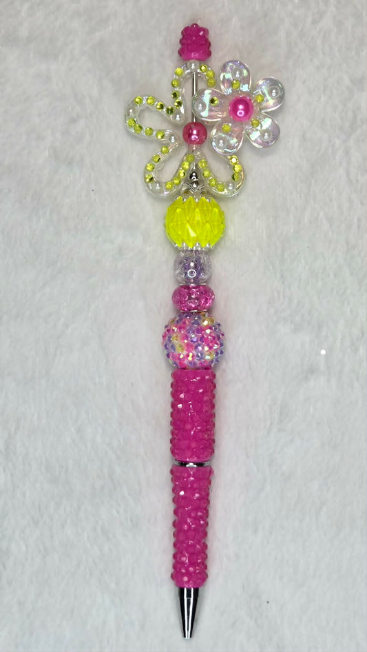 Shocking Bright Flower Beadable Pen with neon yellow rhinestone bow focal and hot pink barrel
