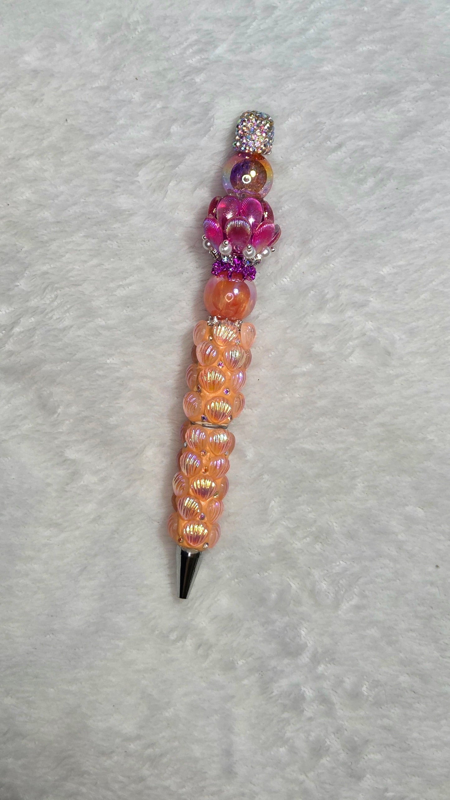 Sunset on the Beach Beadable Pen – handmade peachy coral tropical beach beaded pen with pink flower focal