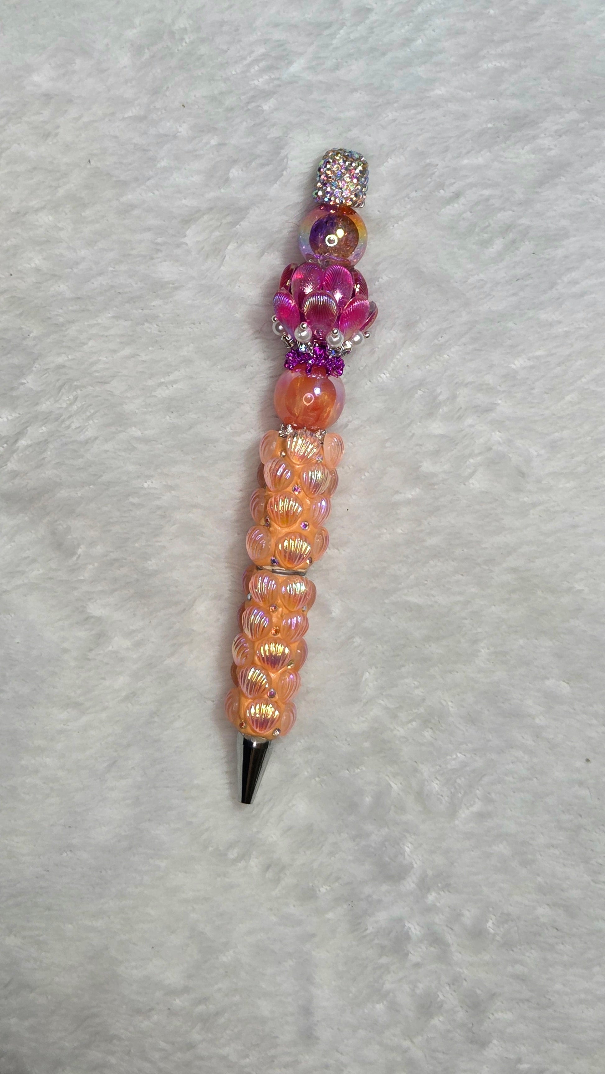 Sunset on the Beach Beadable Pen – handmade peachy coral tropical beach beaded pen with pink flower focal