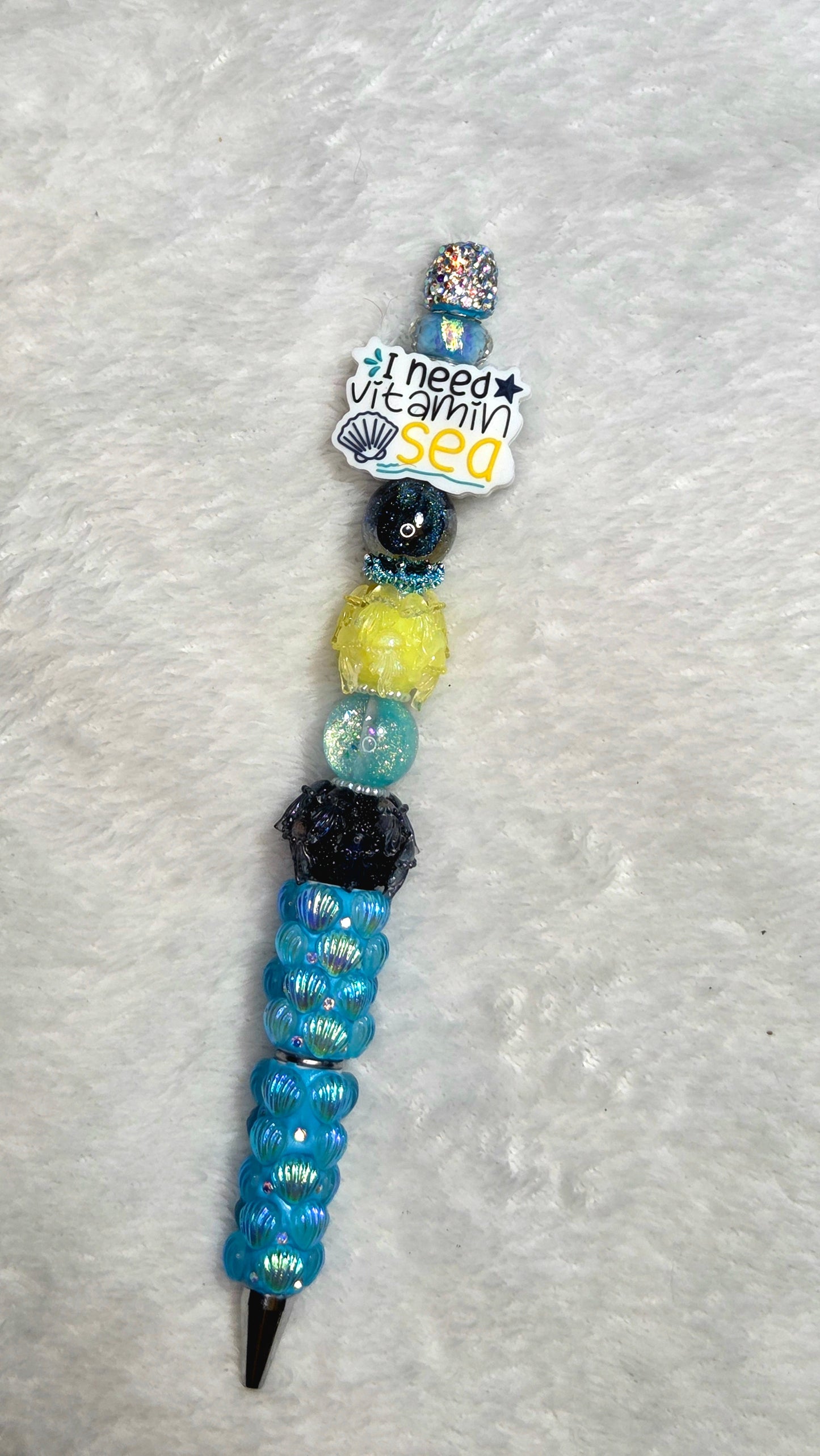 I Need Vitamin Sea Ocean Blue Beadable Pen – handmade turquoise tropical beach beaded pen with vitamin sea charm and black rose focal