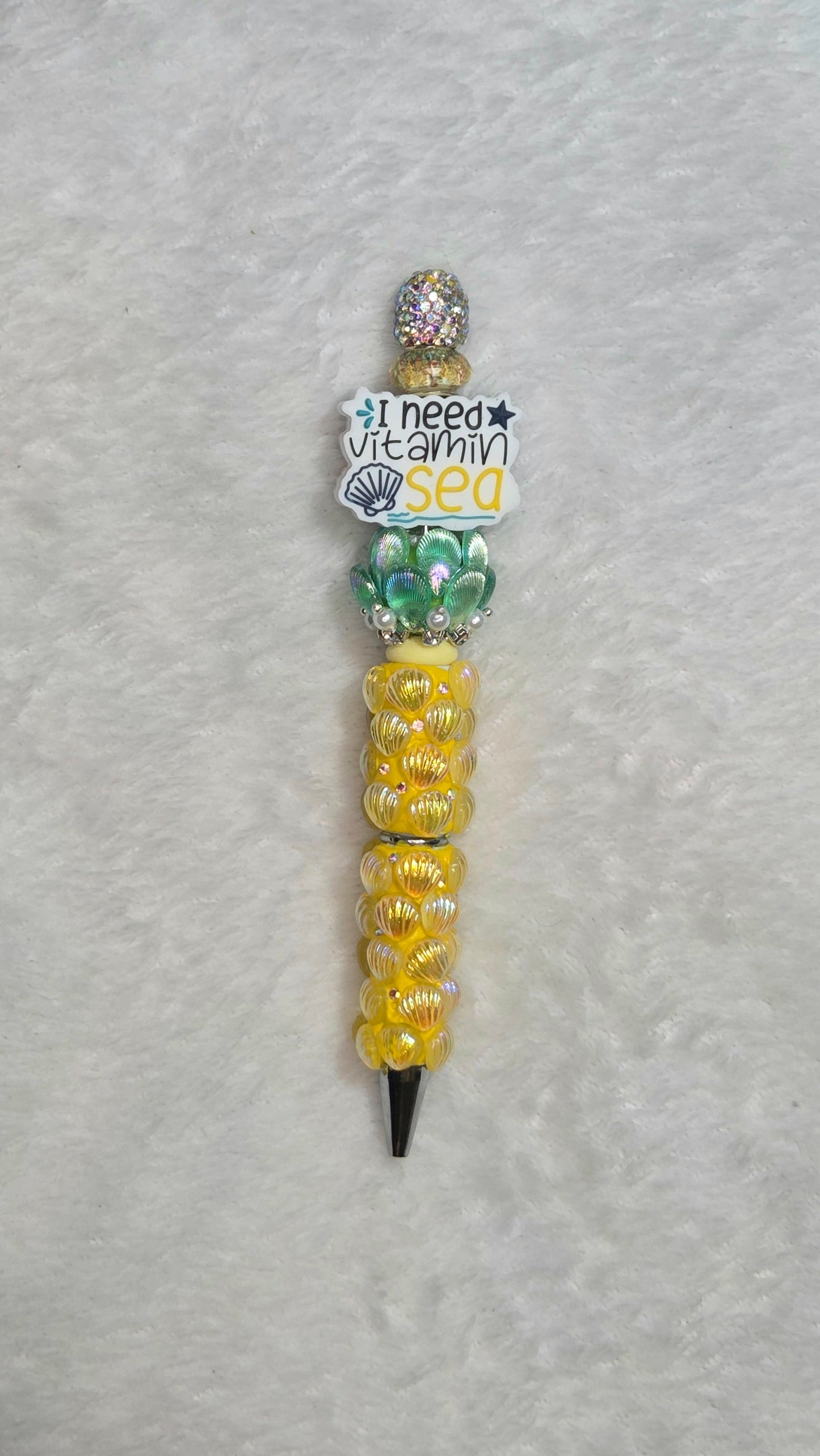 I Need Vitamin Sea Beadable Pen – handmade tropical beach beaded pen with yellow shell beads and vitamin sea charm