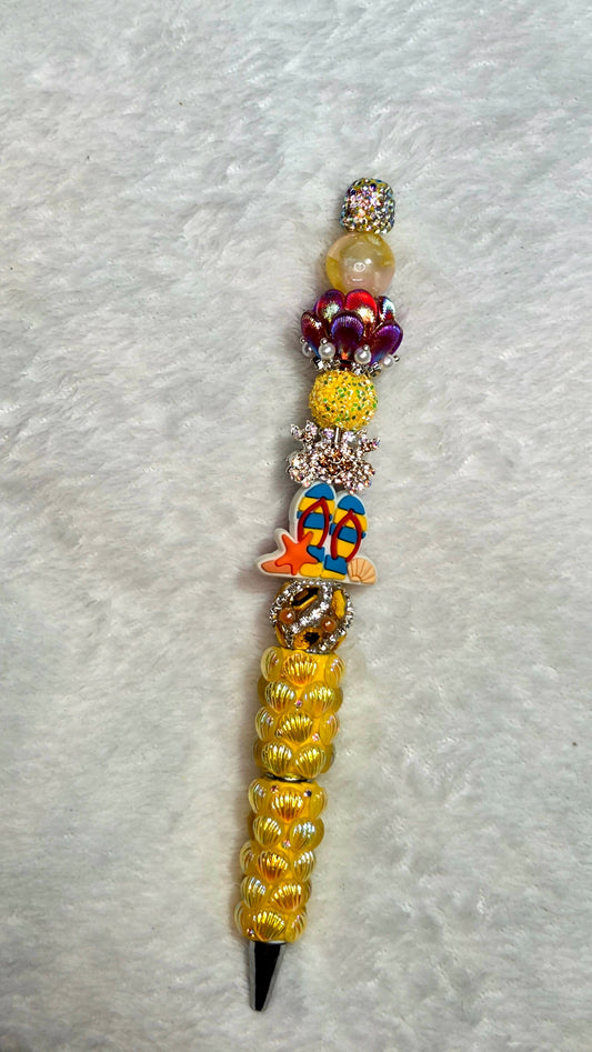 Flip Flop Beach Gold Beadable Pen – handmade tropical beach beaded pen with flip flop charm and gold shell barrel
