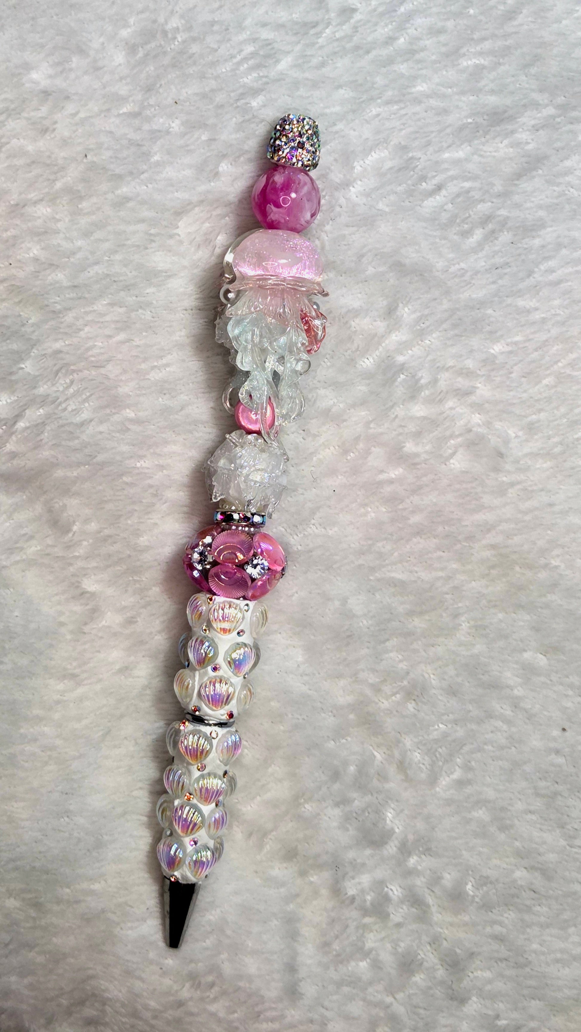 Iridescent Soft Pink & White Jellyfish Beadable Pen – handmade white iridescent tropical beach beaded pen with pink jellyfish focal